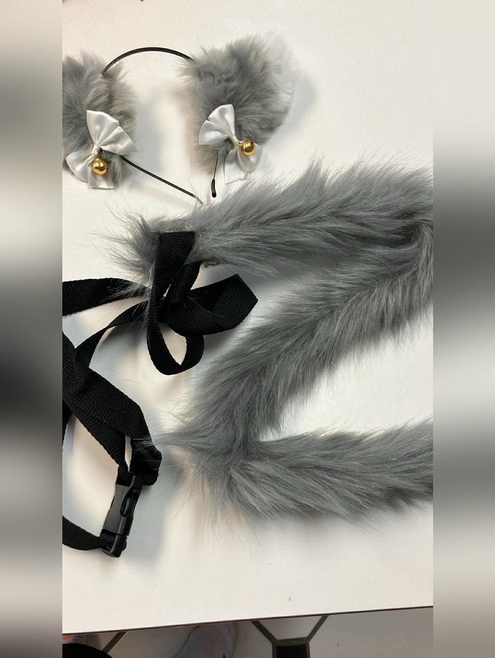 Gray Faux Fur Cat Ear Headband and Tail Set